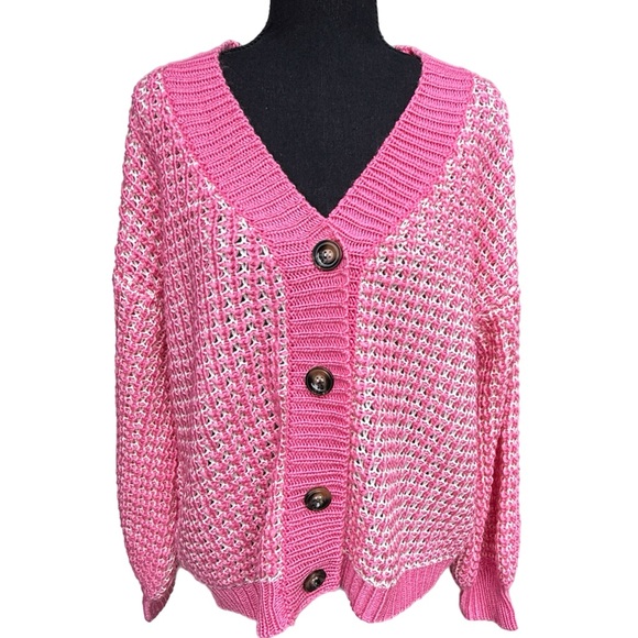 Dee Elly Sweaters - Pink Waffle Knit V-neck Button Up Sweater‎
